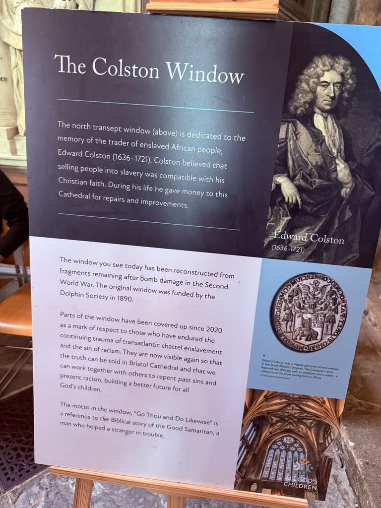 The picture taken from Bristol Cathedral to explain window dedication to Colston