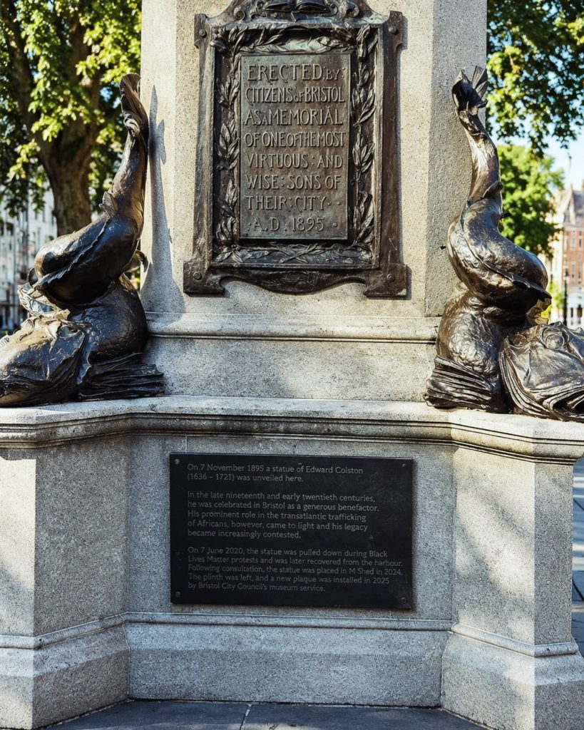 The empty plinth of Edward Colston. The statue that used to stand on it was of Edward Colston. It was erected in 1895
